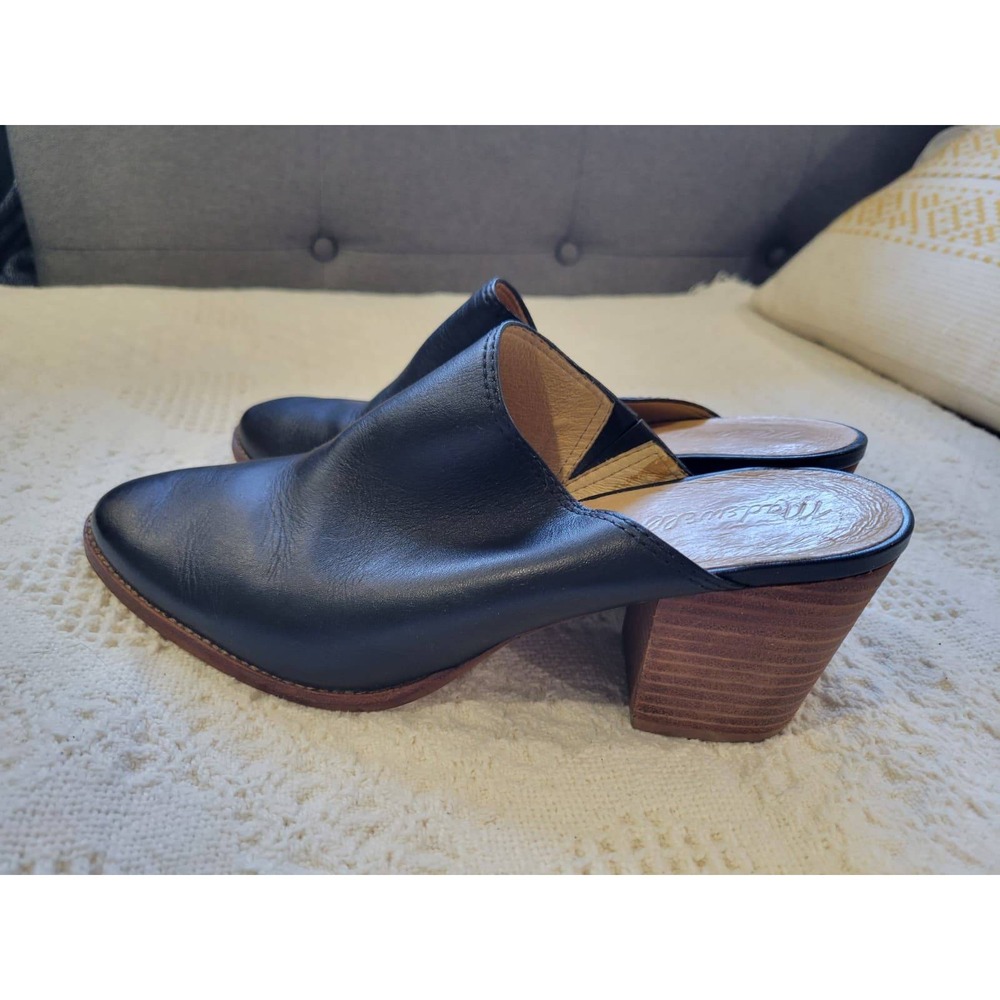 Madewell Black Leather Pointed Toe Block Heel Mules Slip On Shoes Size 9.5 - Picture 5 of 13
